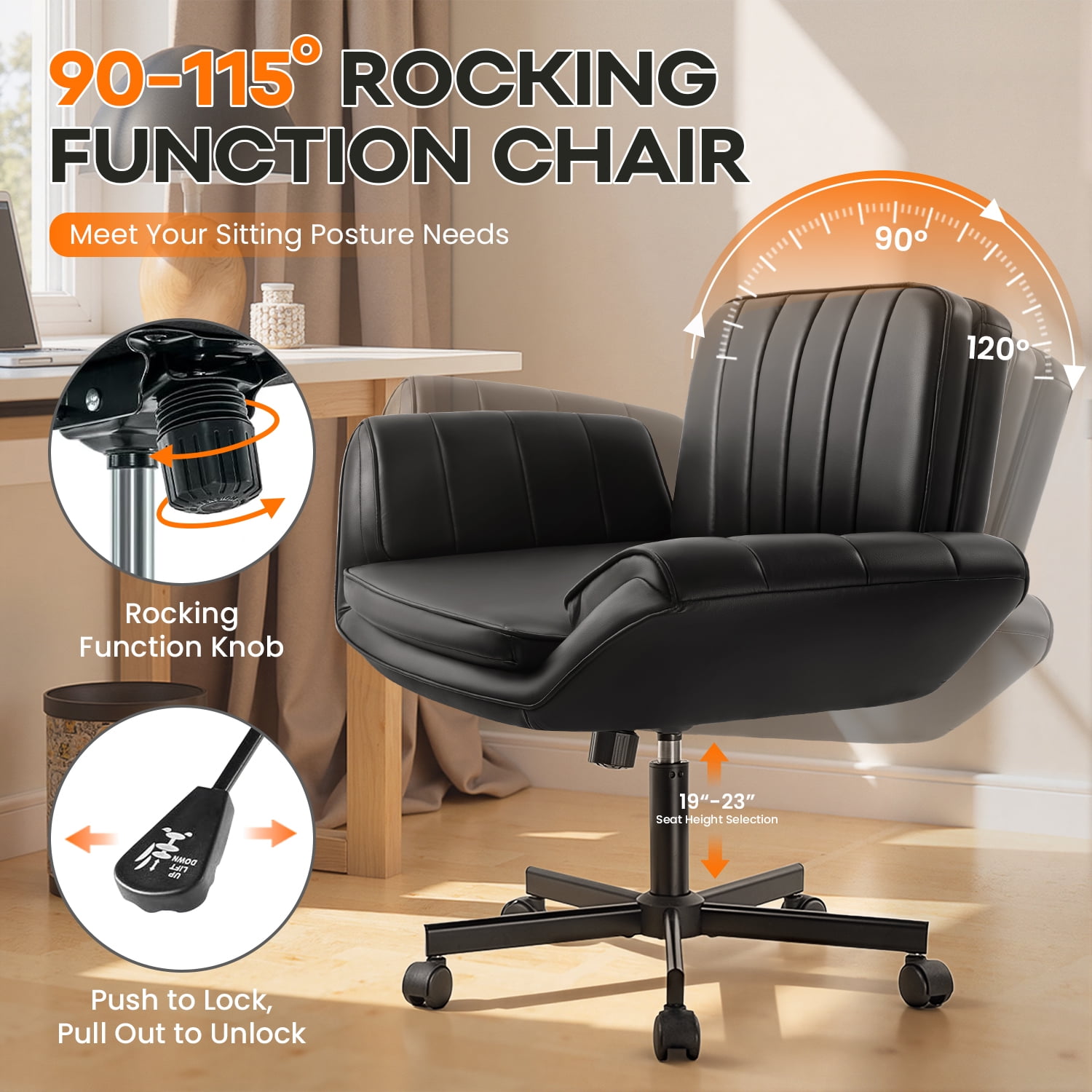 BOSSIN Black Criss Cross Chair with Armrests & Wheels,Foldable Armrest PU Leather Vanity Chair – Thickened Swivel Office Desk Chair for Home, Makeup Room & Bedroom