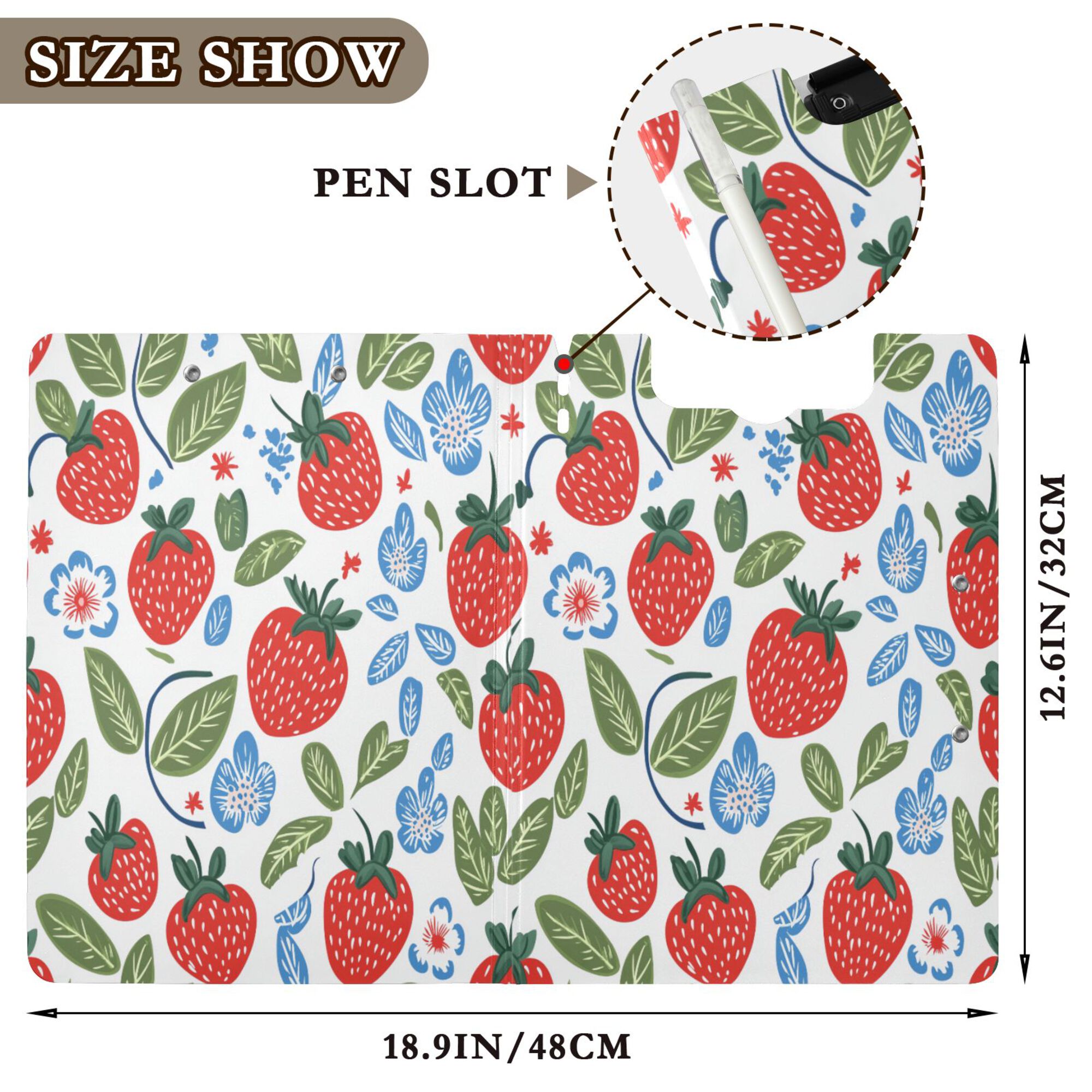 FORMRS A4 Clipboard Folder with Pen Holder Horizontal Foldable School Office Binder, Vibrant Strawberries