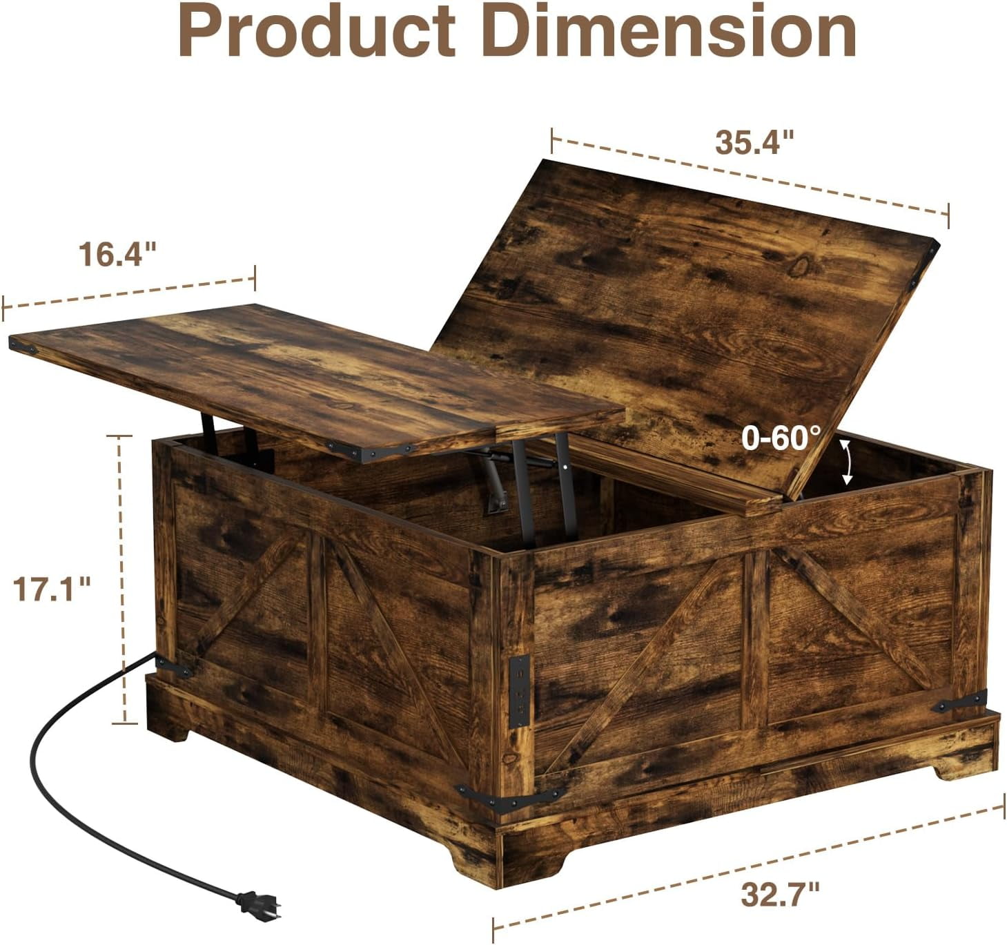 VEANERWOOD 35.4" Lift Top Coffee Table, Farmhouse Wood Square Center Table with Storage & Charging Station Hidden Compartment for Living Room, Home Office