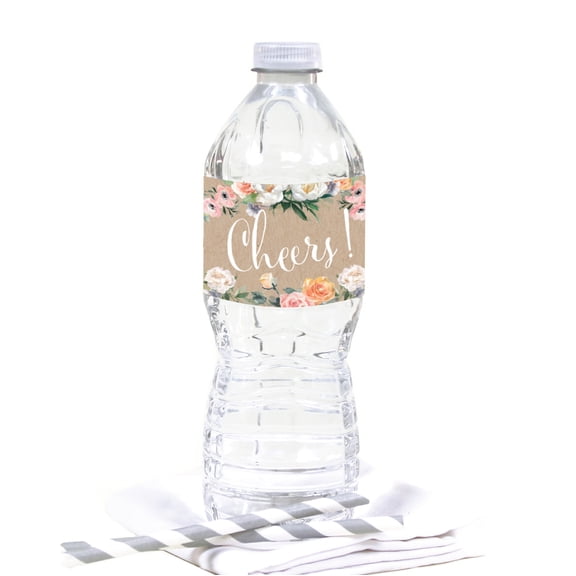 Peach Coral Kraft Brown Rustic Floral Garden Party Wedding, Water Bottle Labels, 20-Pack
