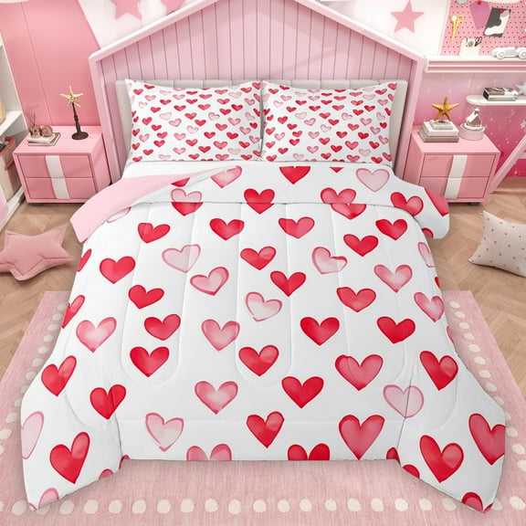 Homewish Cute Heart Loves Bedding Comforter Set,Happy Valentine'S Day Twin Comforter Sets,White Pink Bedding Set For Girls Kids,Breathable Home Decor Reversible,2 Pieces