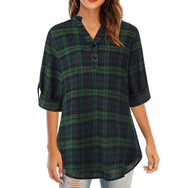 Otoño mujer camisa de tartán a cuadros con cuello en v botones pulóver puños manga larga suelta c Romacci Camisa a cuadros