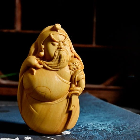 Boxwood Guan Yu Statue Hand Carved Cliff Cypress Style Chinese Warrior Figurine Traditional Home Decor Ornament