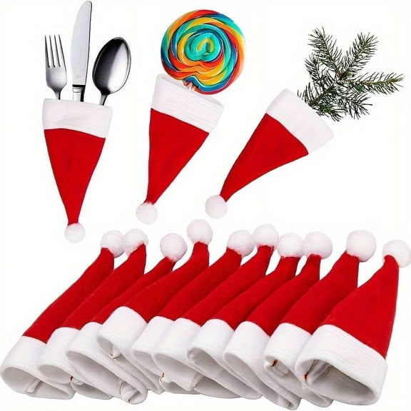 10-Pack Mini Red Santa Hats – Christmas Table Decor, Silverware Holders & Cup Covers | Reusable Holiday Party Decorations for Festive Dining & Home Celebration