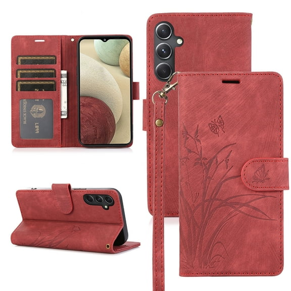 Allytech Wallet Flip Case for Samsung Galaxy A24 4G with Orchid Butterflies Embossed Pattern, Premium PU Leather Kickstand Magnetic Clasp Shockproof Case with Card Holder & Wrist Strap, Red