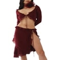 thumbnail image 4 of Ensemble de 2 Pcs Aguichant pour Femmes à Manches Longues en Maille Transparente avec Robe Cache-Cœur, Crop Top, Jupe Mini Fendue Y2K Rouge P, 4 of 7
