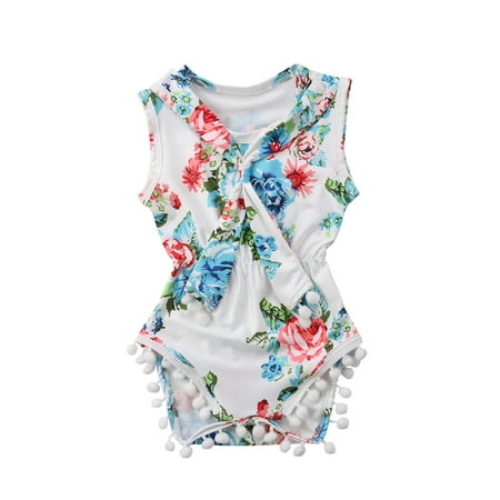 

Peyakidsaa Newborn Baby Girls Sleeveless Romper Flower Printed Round Neck Small Ball Decoration Jumpsuit