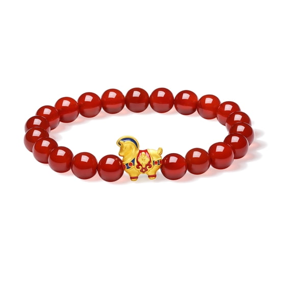 ZHOU LIU FU 24K Gold Beaded Bracelets Exquisite Horse Zodiac Red Agate Stretch Jewelry for Women A1920841