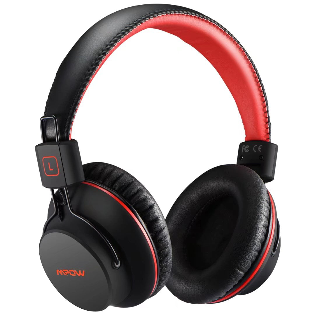 Mpow H1 Bluetooth Headphone, Wireless Bluetooth Over Ear Cushioned Headphones, Foldable Earphones w/ Built-in Mic and Wired Mode for PC/ Cell Phones/ TV (Black & Red)