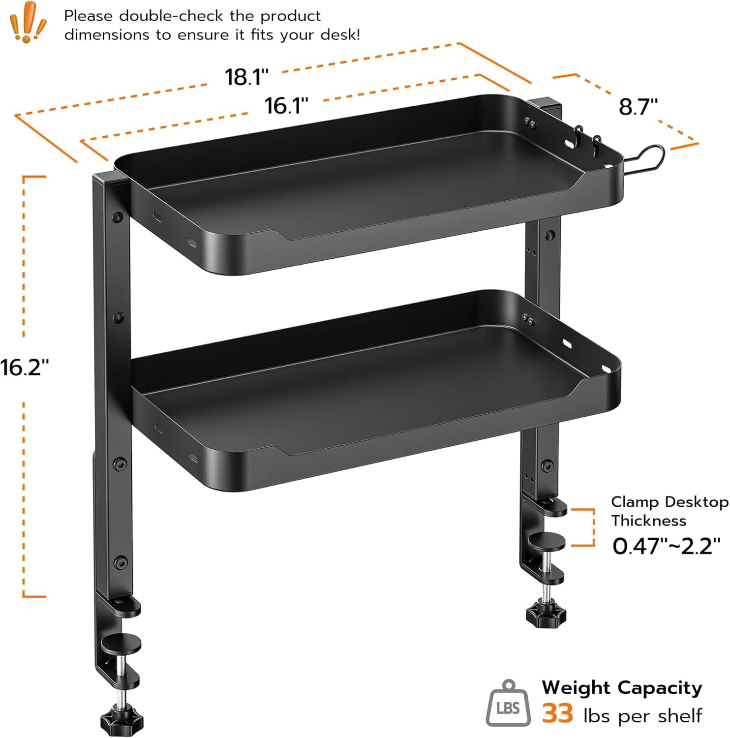 2-Tier Clamp On Desk Shelf, 16 inch Adjustable Above or Under Desk Storage Shelves Holds 66 lbs, Heavy Duty Desktop Organizer with Headphone Holder for Working and Gaming Accessories, Black