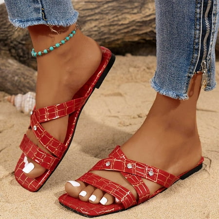 

Wavsuf Womens Slippers Clearance Wide Beach Casual Summer Red Slippers Size 6.5
