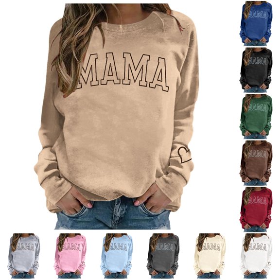Tanghaowl Women's Sweatshirts Mama Oversized Crewneck Sweatshirt Embroidered Shirt Funny Letter Print Long Sleeve Pullover Tops Khaki XL