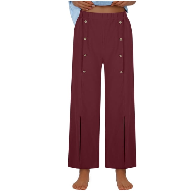 Timegard Pants for Women Elastic High Waisted Button Straight Leg Solid Color Casual Loose Comfy Pants