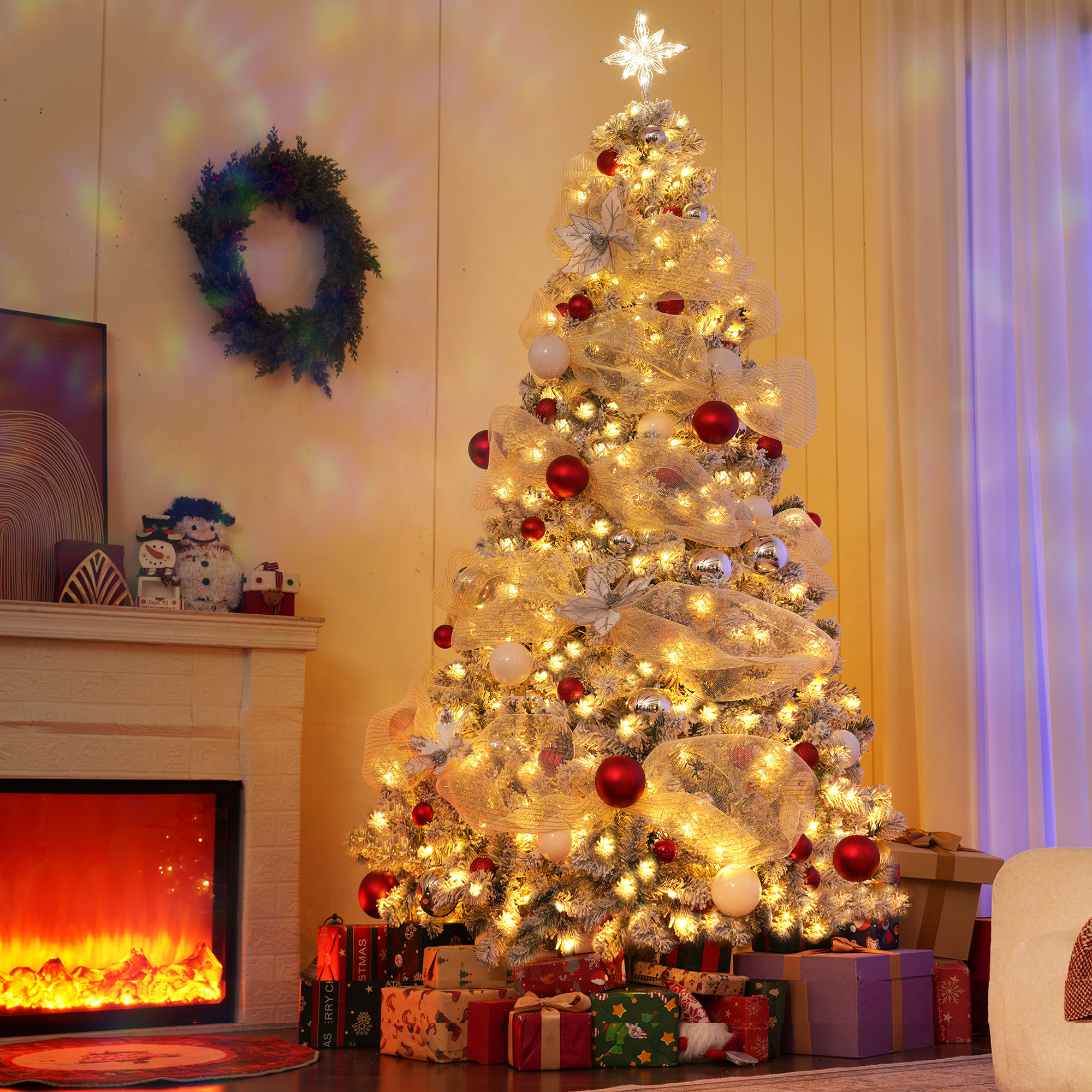 Yexmas 7.5 Ft Pre-Lit Snowflake Flocked Christmas Tree photo 5