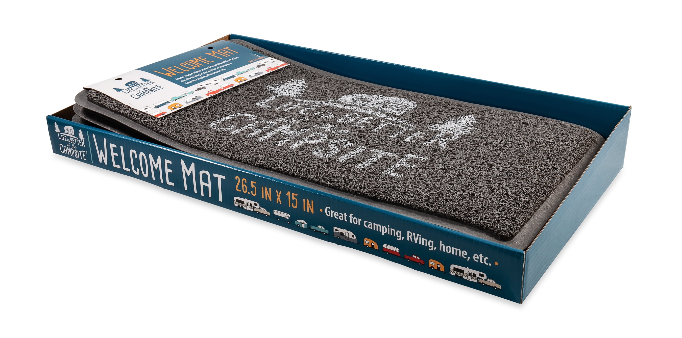 (2 pack) Camco "Life is Better at The Campsite" Camper Scrub Rug/Door Mat, Looped PVC, Gray and White (53197)