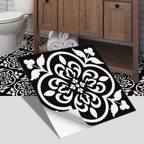 Zhuge imitation ceramic tile flooring, bathroom and bedroom floor decoration, thickened frosted wall sticker, waterproof self-adhesive wallpaper (black, 24 pieces)