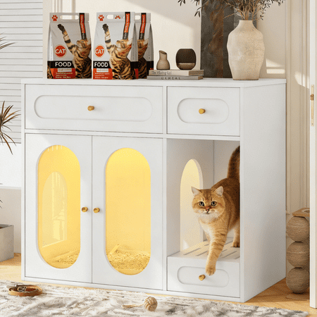 Cat Litter Box Enclosure with LED Light Acrylic Doors Storage Drawers White