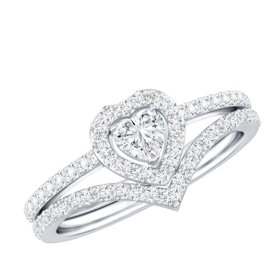 Rosec Jewels Moissanite Heart Shaped Wedding Ring Set - Halo Engagement Ring with Enhancer - D-VS1 Quality Certified, 925 Sterling Silver, US 4.00