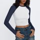 thumbnail image 3 of Top de manga larga slim fit con bloques de color para mujer: ligeramente corto, camisas informales elásticas de mezcla de poliéster, 3 of 6
