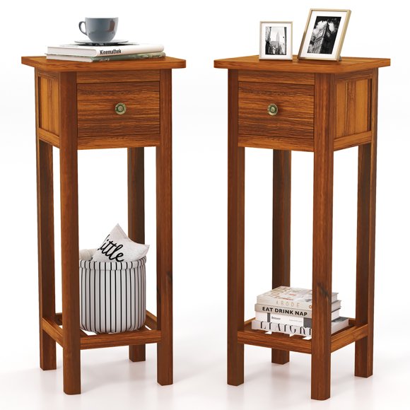 Gymax 2PCS Solid Wood Side Table Home Rectangular Sofa Side Table w/ Acacia Wood Top Telephone Table