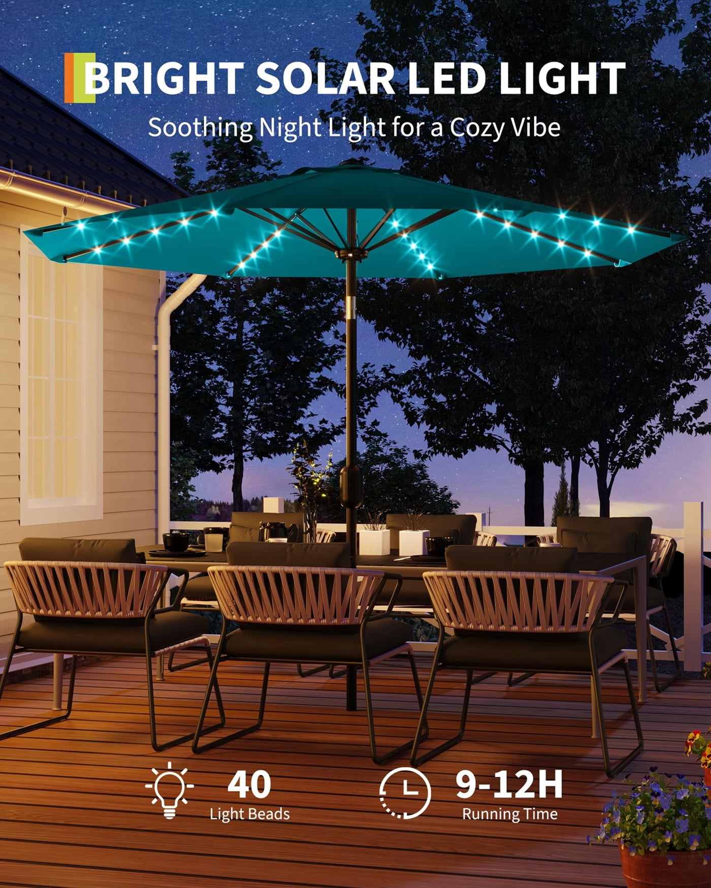 Arigeas 9ft Solar Patio Umbrella with LED Lights, Outdoor Market Table Umbrella with Push Button Tilt, 8-rib Frame and Crank