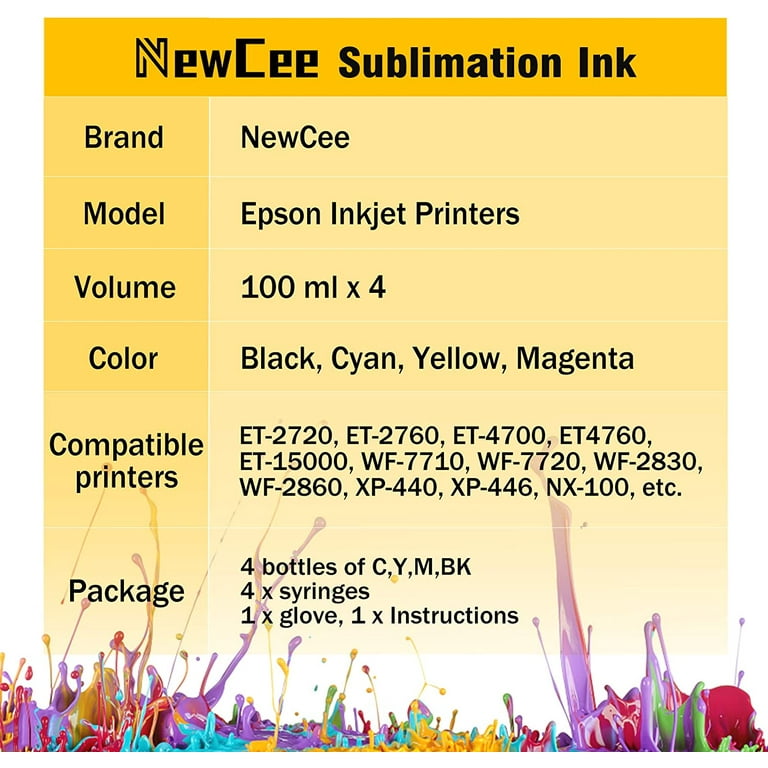 Printers Jack Sublimation Ink Four Pack 400 ML Ultra Vivid for Epson C88  C88+ WF7710 ET2720 Inkjet Printers Heat Press Transfer on Mugs, Polyester  Shirts etc - Yahoo Shopping