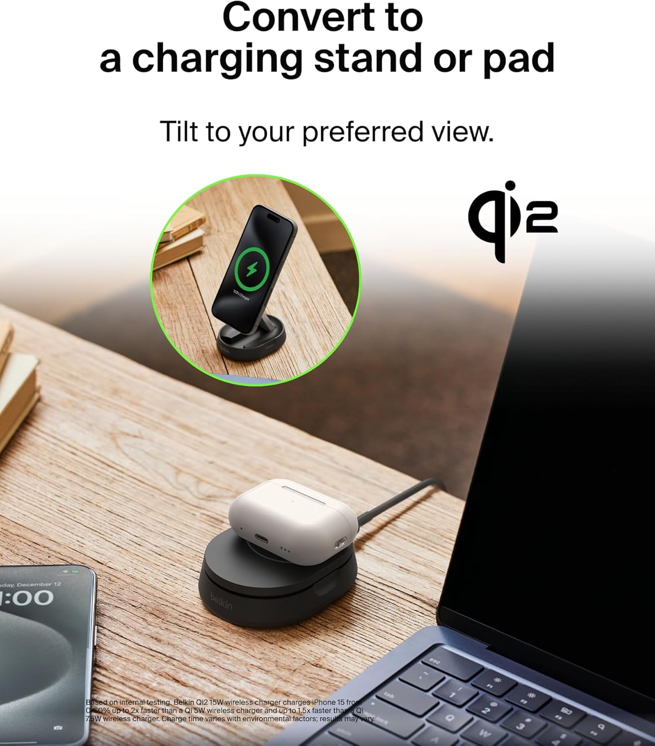 Belkin Convertible Magnetic Charging Stand 15W - MagSafe-Compatible Fast Qi2 Charger, Charger for Apple iPhone 16, 16 Plus, 16 Pro, 16 Pro Max, 16e, iPhone 15 & 14, Apple Airpods Pro- Black