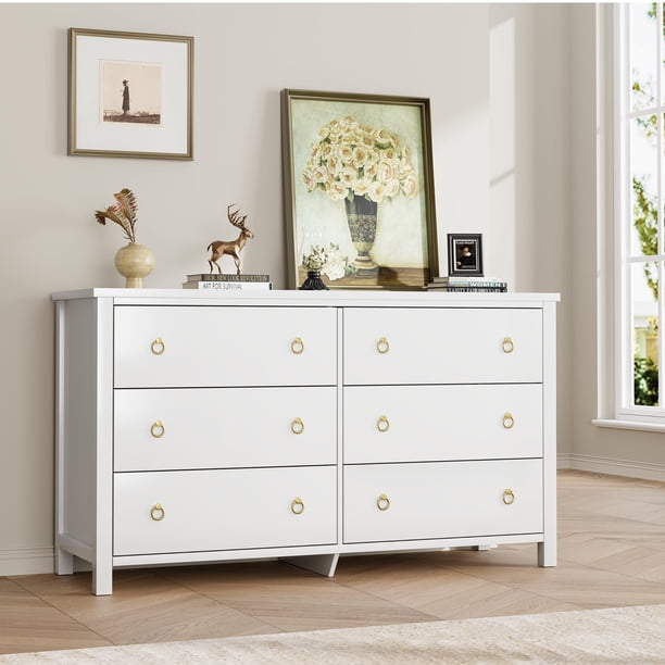 QinaQin Cómoda ancha para recámara de 47.2 pulgadas con 6 cajones, mueble moderno de madera con almacenamiento para cuarto de bebé, sala o dormitorio