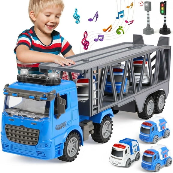 UUSUOO Toy Trucks for Boys 3-6 Years,17" Friction Powered Tow Truck Toys with 3 Mini Cars,Lights and Sounds,Police Car Toys,Birthday Gifts for 3 4 5 6   Year Old Boys Girls,Blue