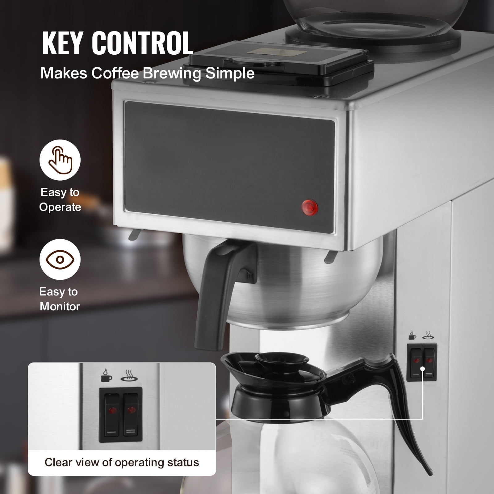 KFFKFF Commercial Drip Coffee Maker, 12-Cup Machine with Dual Glass Carafes and Two Warming Plates, Stainless Steel Brewer for Restaurants, Offices, Cafes, and Homes