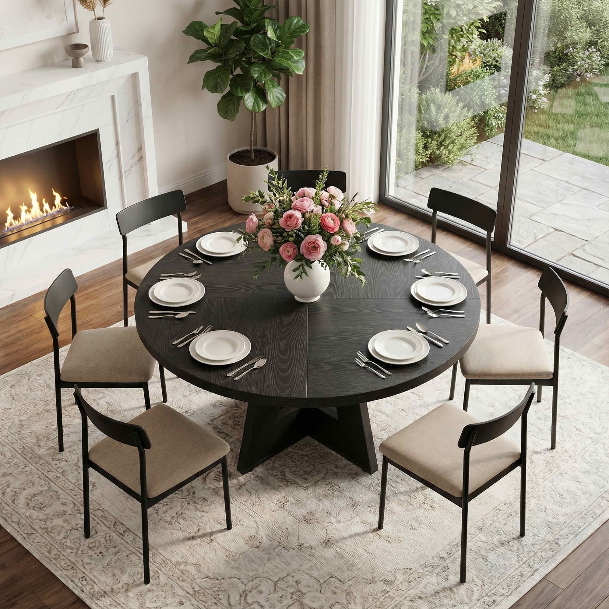 MAYEERTY 47 Inch Farmhouse Round Dining Table, Wooden Kitchen Dinner Table for 4 People with Sturdy Metal Frame