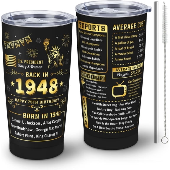 75th Birthday Gifts for Men - 75th Birthday Gifts for Women - 75 Year Old Birthday Gifts for Men - Gifts for 75 Year Old Woman Man - Back in 1948 Tumbler with Straw and Lid 20OZ 1PC