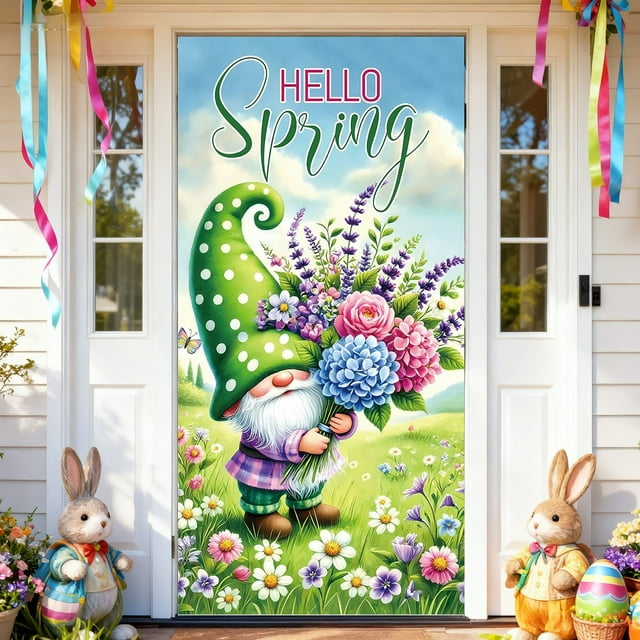 Noehoiugi Hello Spring Door Cover 71X35 Inches Spring Door Banner Gnome Flower Bouquet Welcome Spring Porch Sign Decorative Background Banner For Front Door And Porch