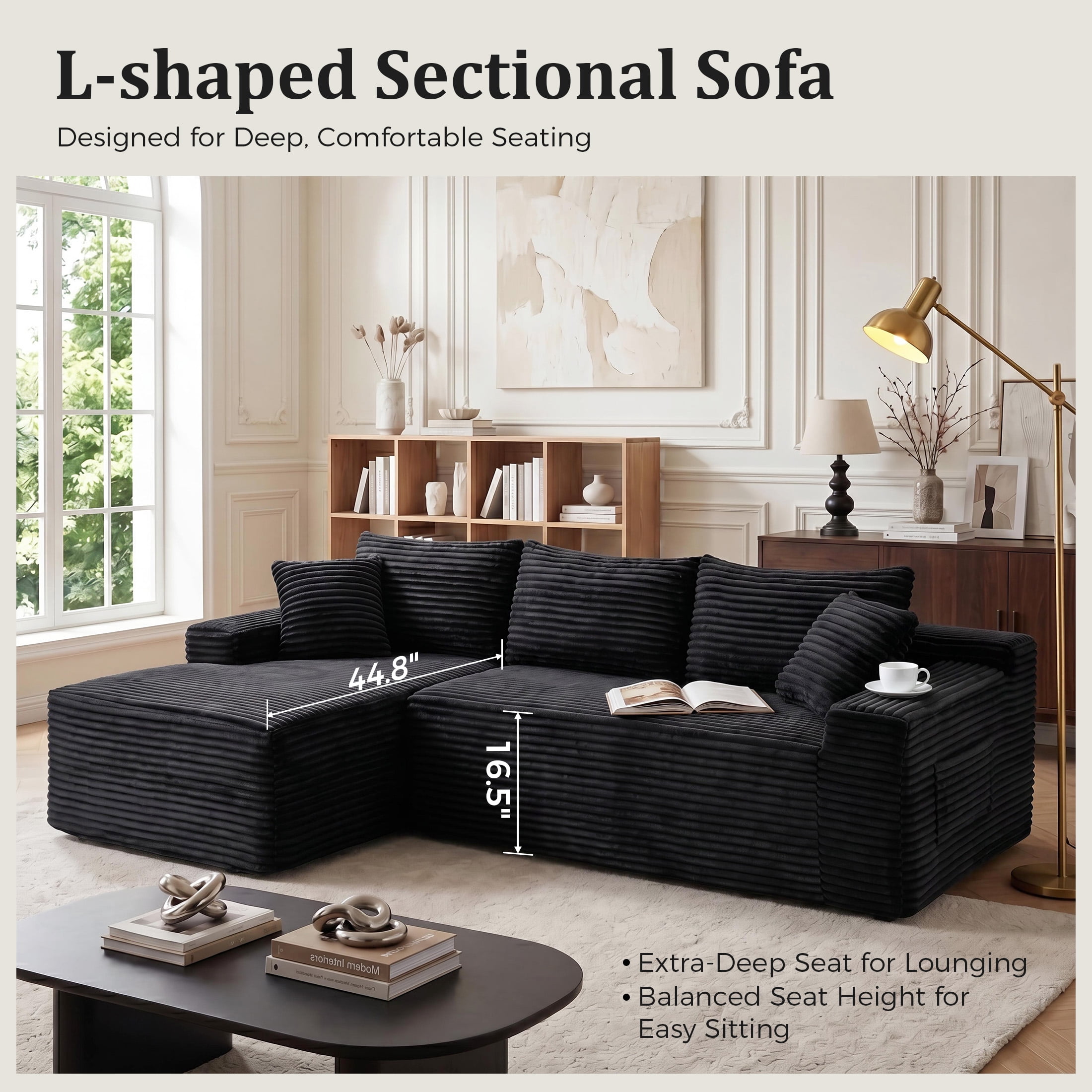 Aenkyo 95 Inch Corduroy L-Shaped Modular Sectional Sofa, Left Chaise, Black