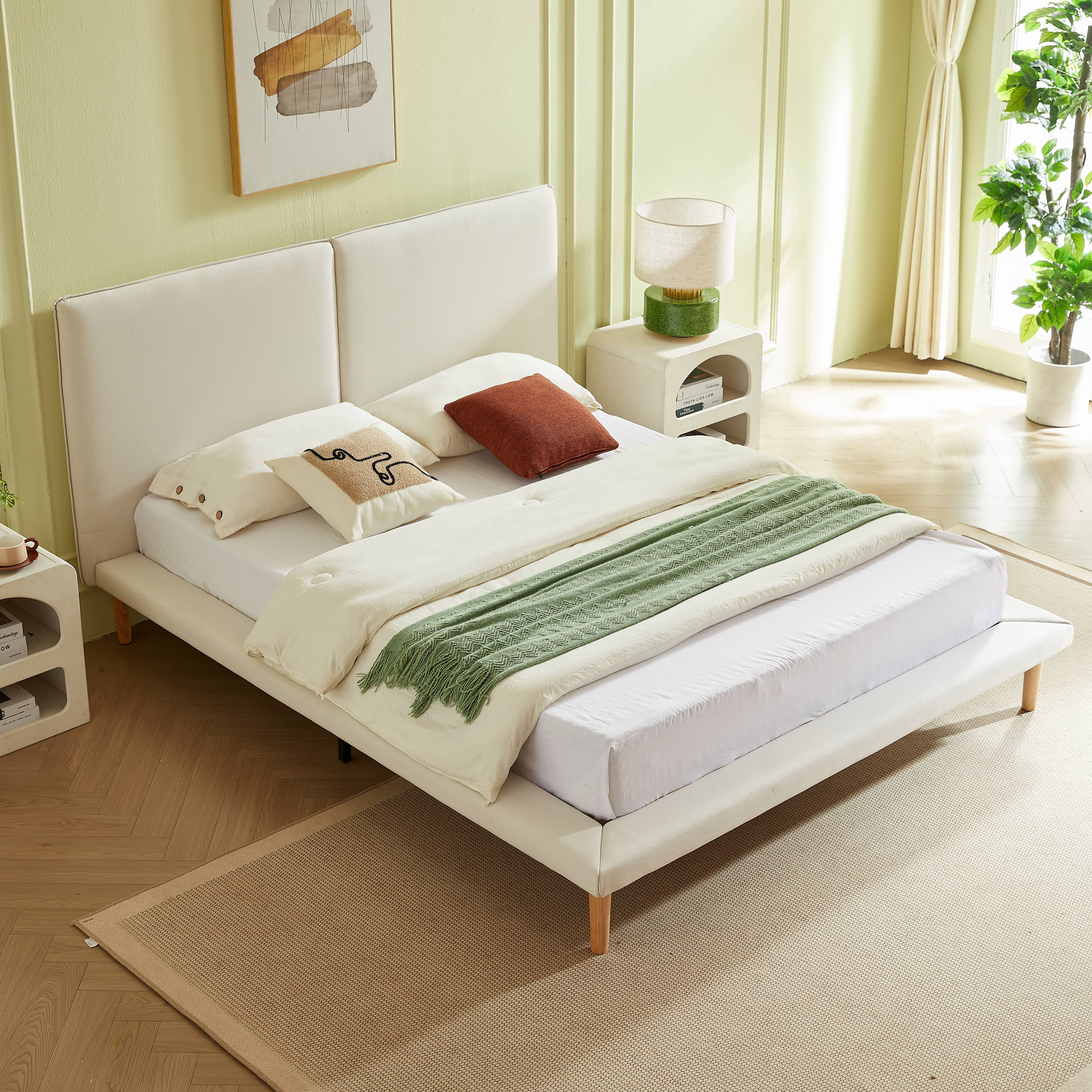 VELOCAVA Queen Size Upholstered Bed with Wood Legs, Wide Padded Headboard, Linen-Look Fabric, Beige