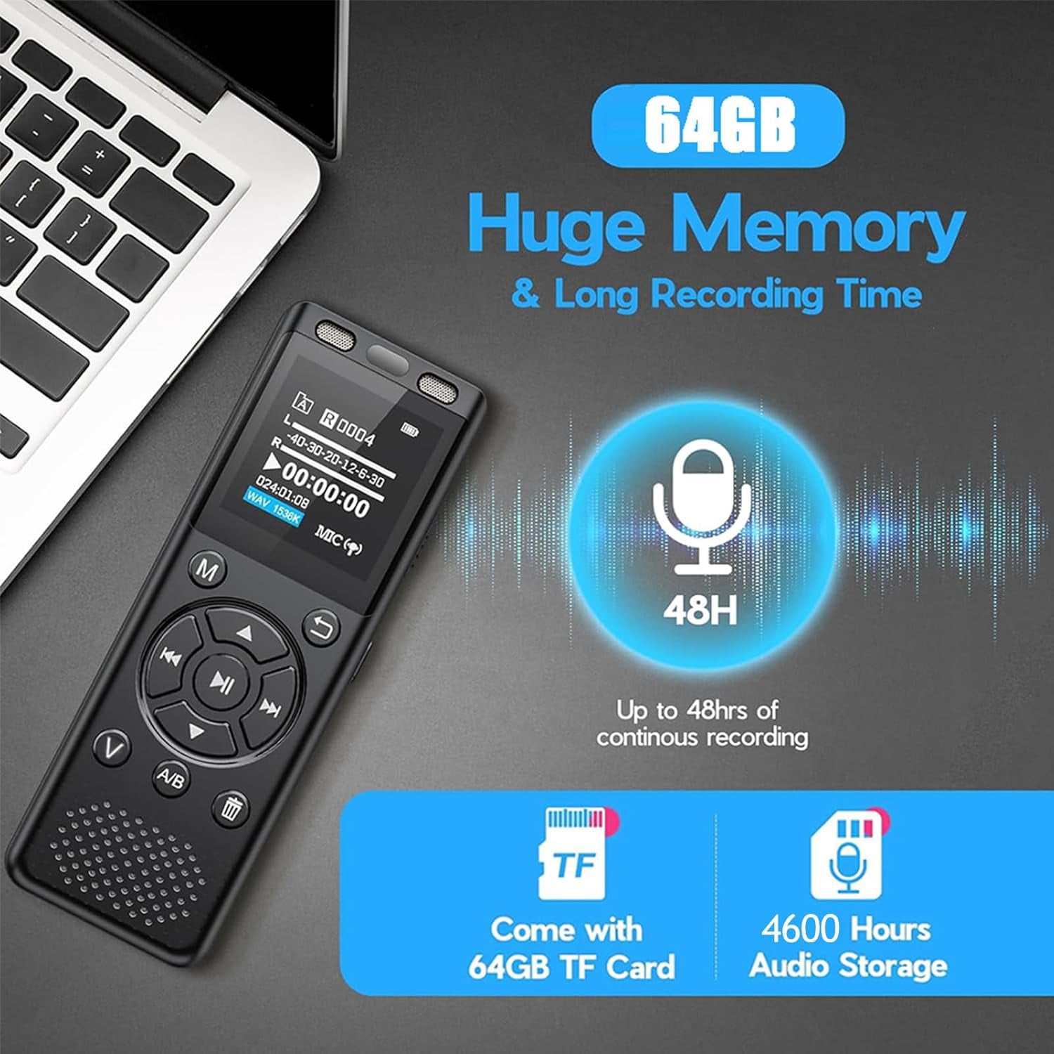 64 B Di ital Voice Recorder with Playback,Audio Recordin Device for Lectures Meetin /Classes/Interviews,Tape Recorder with Voice Activated,Password,Noise Reduction,A-B Repeat,MP3 Player Etc