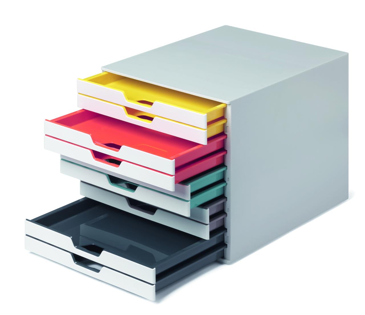 DURABLE Desktop Drawer Organizer (VARICOLOR MIX 10 Compartments with Removable Labels) 11" w x 14" d x 11.375" h, White & Multicolored (763027)
