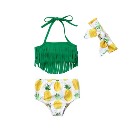 

EYIIYE Baby Girls Bikini Set Halter Sling Tassels Swimwear Tops + Pineapple Printed Bottoms + Headband Set 0-3 Years