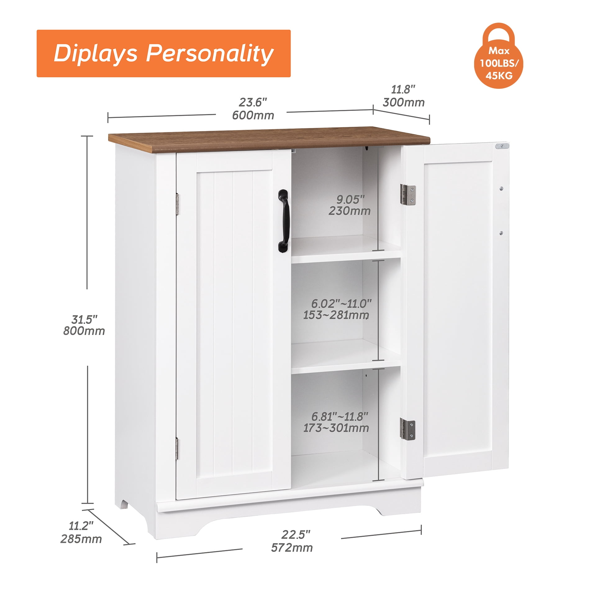 WAMPAT Free Standing 3 Tier Bathroom Cabinet, White Wood 31.5" Cupboard, White