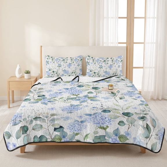 3 Pieces Queen Quilt Set,Farm Hydrangea Flower Blue Soft Bedding Sets with 1 Quilt & 2 Pillow Shams,Country Eucalyptus Leaf Floral Summer Bedspread Lightweight Coverlet Comforter for All Season