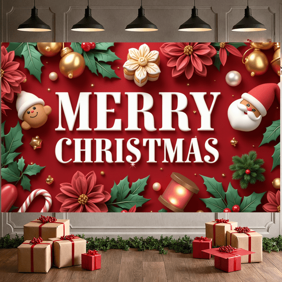 Festive Banner Merry Christmas Decorative Design Gingerbread Ornament Holly Decoration Christmas for Holiday Celebration Indoor Decoration Party Background