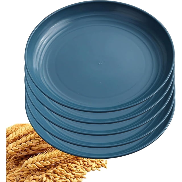 5Pcs Dinner Plates Wheats Straw Plates Set Unbreakable Reusable,Lightweight,Smooth Edge Plate Dishwasher & Microwave Safe (Dark Blue,7 inch)