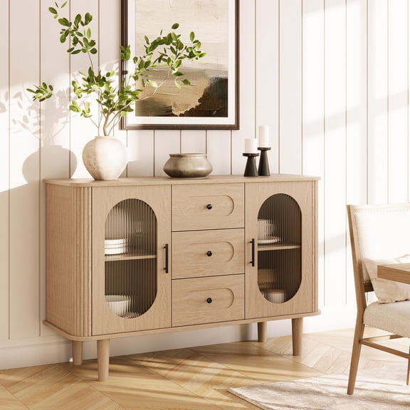 TROPOW 47.2" Sideboard Buffet Cabinet with 2 Fluted Glass Doors & 3 Drawers, Modern Farmhouse Accent Coffee Bar with Adjustable Shelves for Kitchen, Living Room, Hallway