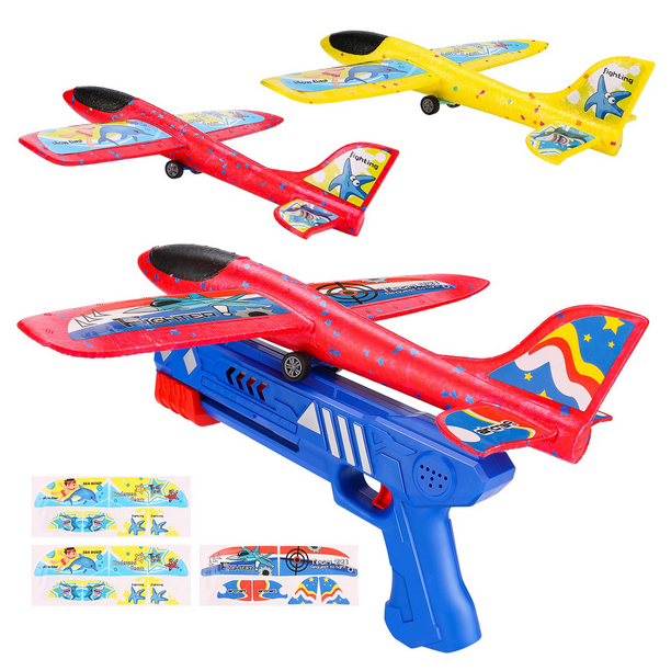 Foam Glider Airplane 3 Pack 12.4" Foam Plane Glider with Launcher and Stickers Styrofoam Glider