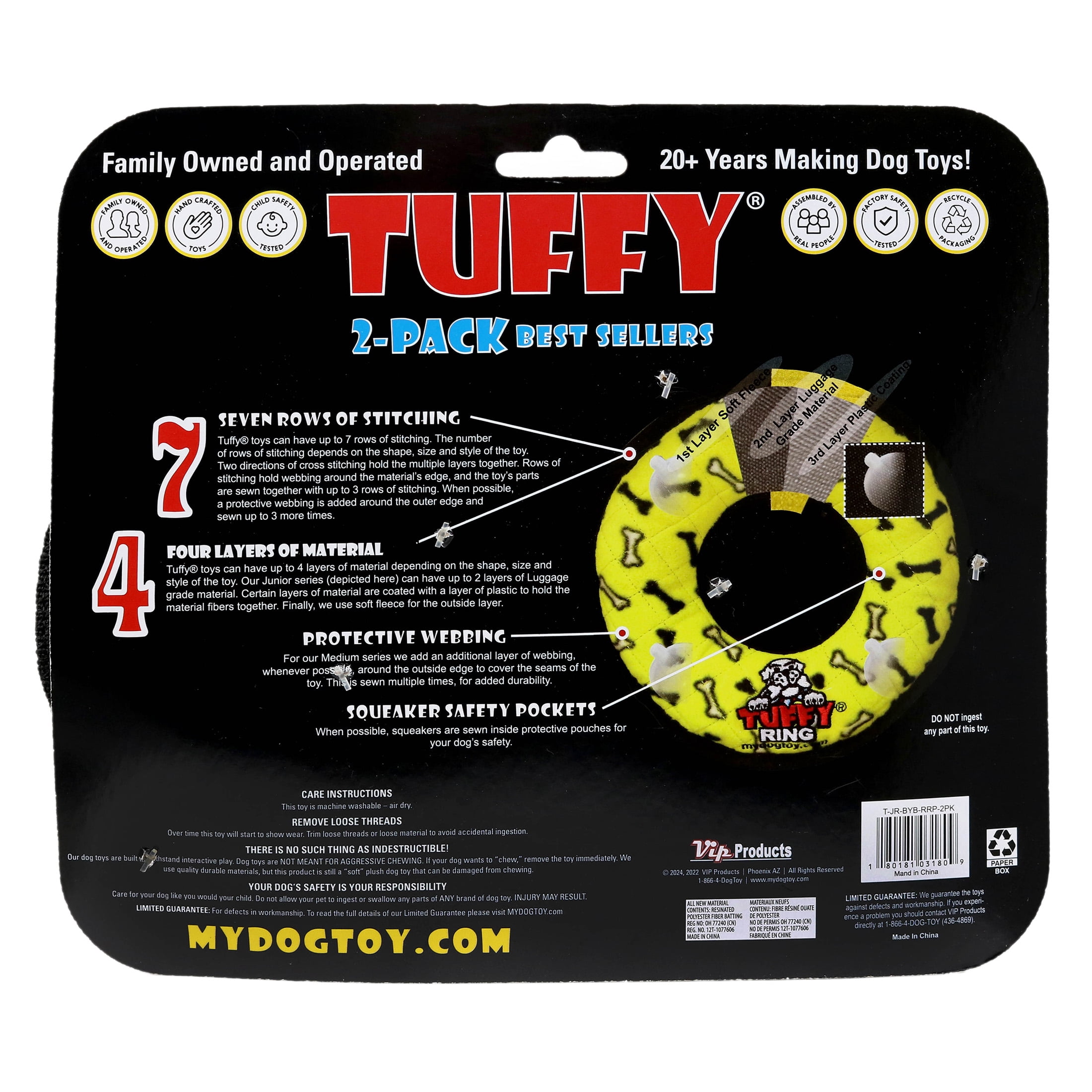 TUFFY Jr Bone Yellow and Ring Red Paw Durable Plush Squeaky Dog Toy, 2 Pack