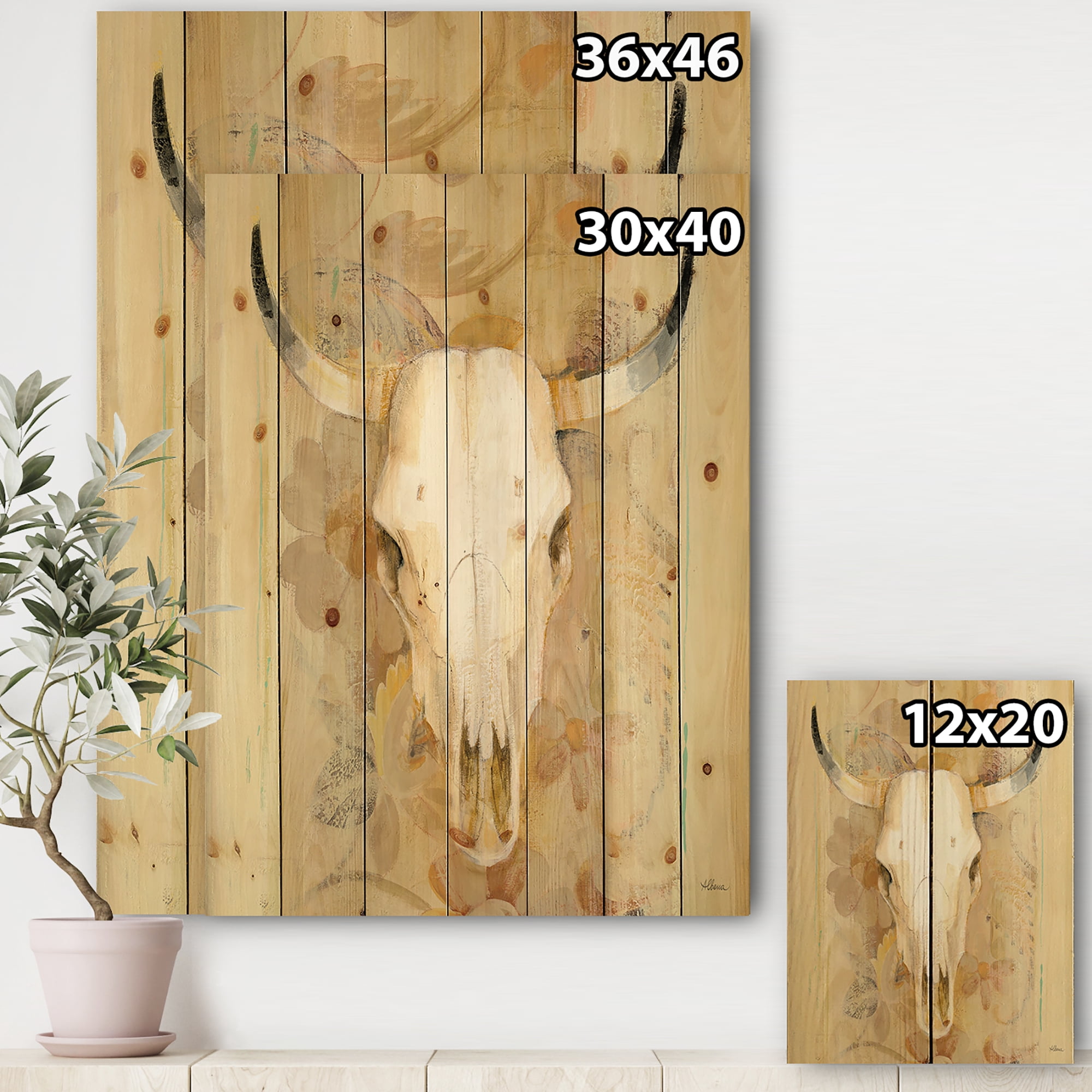 Designart 'Hers southwest bones' Gold Wildlife Print on Natural Pine Wood