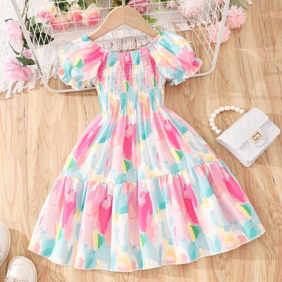 Girls' Dresses Short Sleeve Print Dance Party Kids Outfits