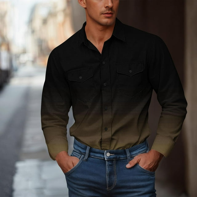Styesk Chemises pour Hommes Hommes Décontracté Mode Bouton Double Poches Imprimé Dégradé Manches Longues Col Rabattu Chemise de Travail