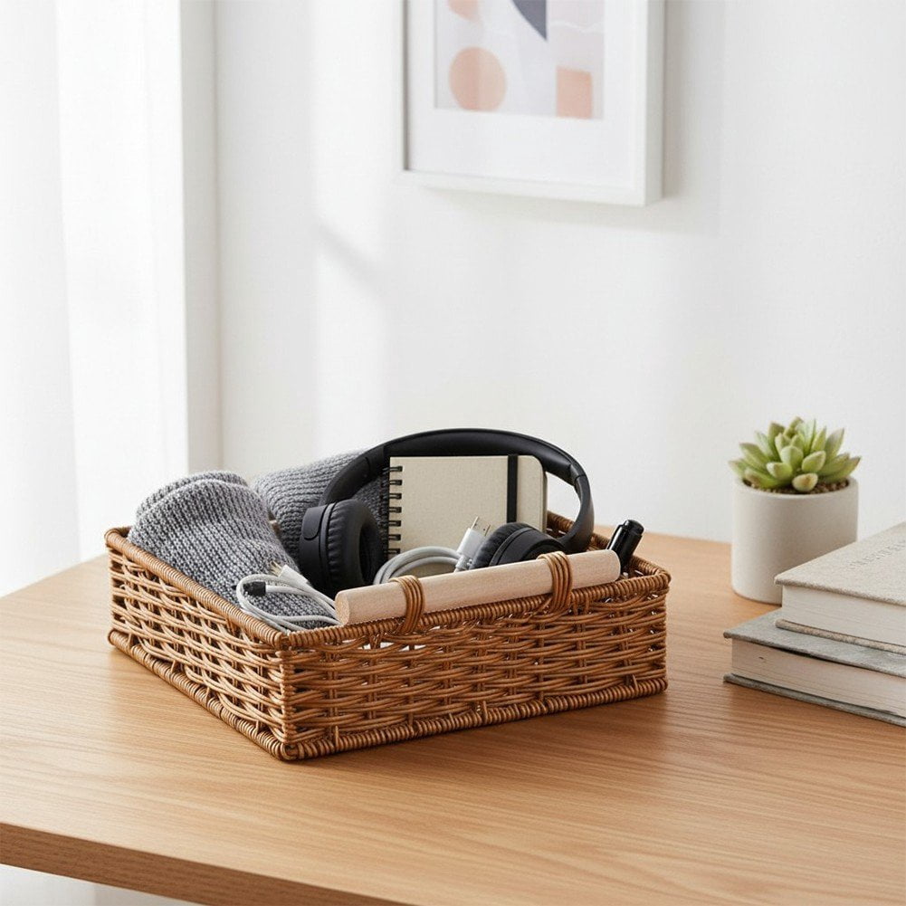 Hzzsbu Rattan Basket Handmade Woven Storage Baskets with Wooden Handle Rectangular Woven Baskets for Kitchen, Shelves