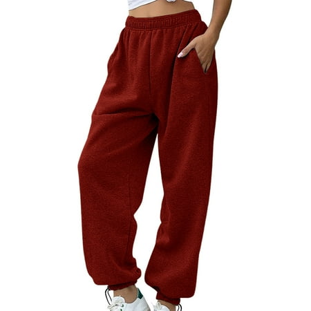 Baggy Sweatpants for Women High Waisted Soft Fleece Lining Sweatpants with Pockets Y2K Joggers Lounge Campus Outfits Wine XL
